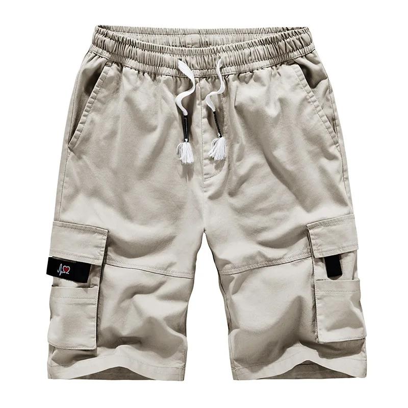 2026 Summer Cotton Mens Cargo Shorts Men Loose Multi Pocket Casual Short Pants Elastic Waist Knee Length Casual Shorts Plus Size