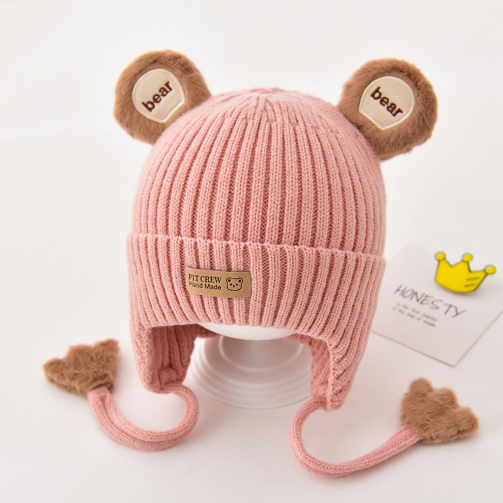 Winter Ear Protection Cap Warm hicken Knitted Cute Bear  Kids Anti-cold Cotton Lining Lacing Infant Toddler Beanie Cap