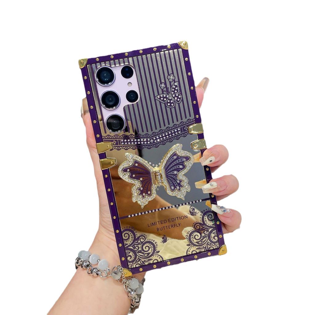 Suitable for Samsung S24 Butterfly Diamond  Inlay Bracket Mobile Phone Case A73 Makeup Mirror Catwalk Square Protective Case High End