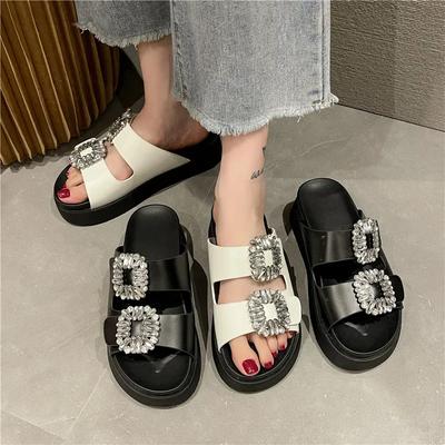 Fashion Brand Rhinestone Shoes Ladies High Heels Platform Sandals Double Buckle Band Slippers Woman Muffins Crystal FlipFlops Mujer
