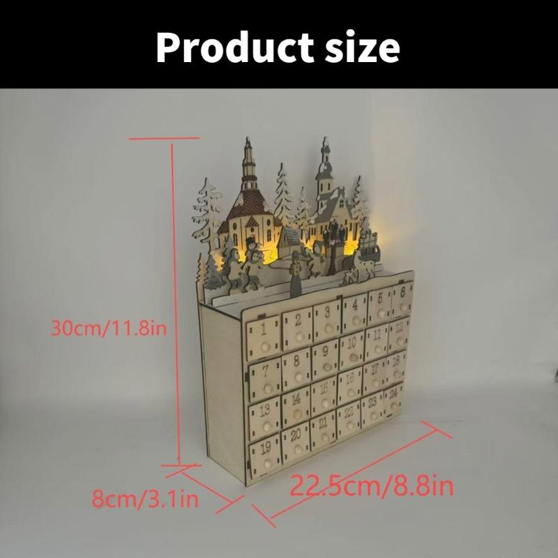 Lighted Wood Advent Calendar with 24 Drawer Countdown to Christmas Decoration Handmade Desktop Ornament Accessories