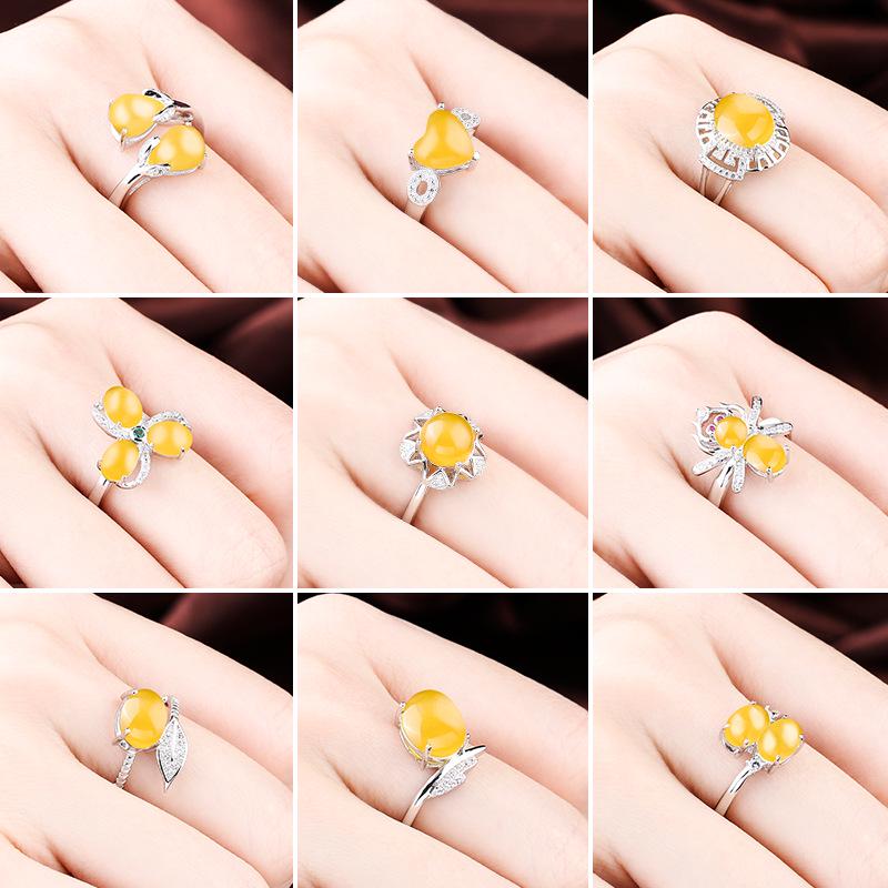 

Korean Style 925 Sterling Silver Adjustable Ring Setting for Women, with Amber and Turquoise Inlays Adjustable