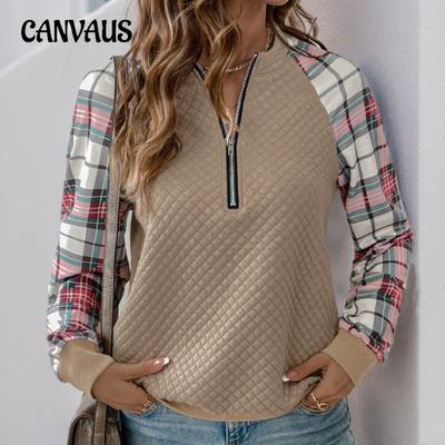 Herbst Damen Plaid Patchwork Top Vintage Patchwork Vintage Strukturiertes Pullover Sweatshirt