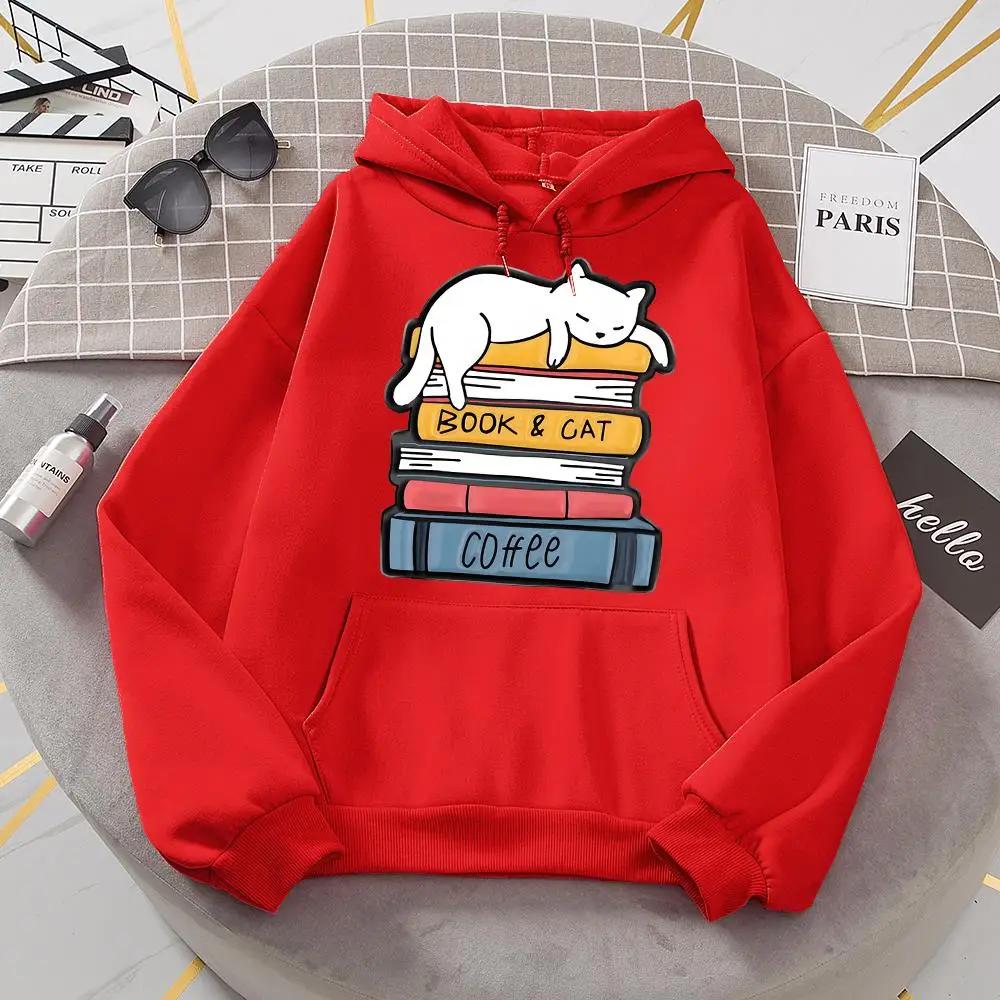 White Cat Sleeping On A Pile Of Books Hooded Women Street Crewneck Hoodies Autumn Oversize Sweatshirt Casual Warm Clothes