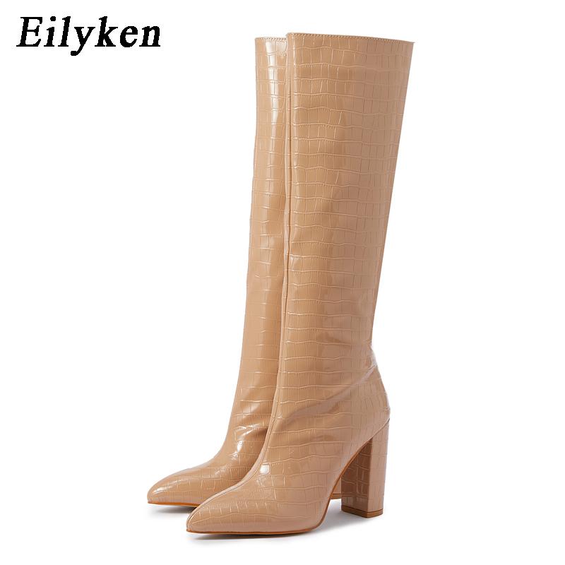 Fashion Eilyken New Fashion Solid Color Snake Pattern Women Knee-High Boots Pointed Toe Winter Ladies Long Booties Handmade Shoes