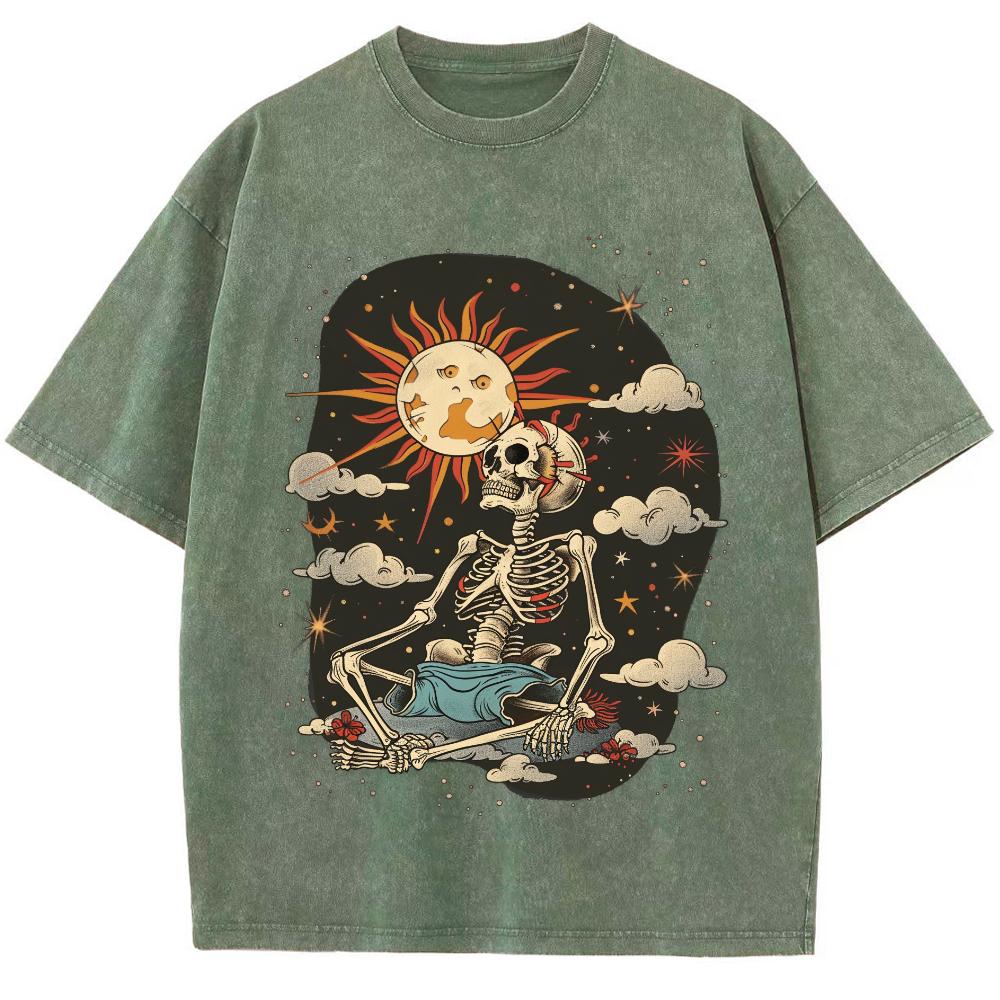 Camisetas Masculinas Lavadas Vintage Estampa de Caveira Sol Rua Retrô Punk Gótico Harajuku Casual Algodão Manga Curta