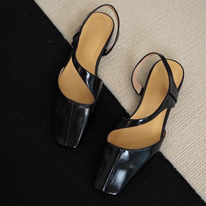 

Версия из мягкой кожи~ Французские ретро белые квадратный носок однословные с низким каблуком сумка носок сандалии женские летние с ремешком на заднике толстый каблук одинарные туфли 41 чёрный