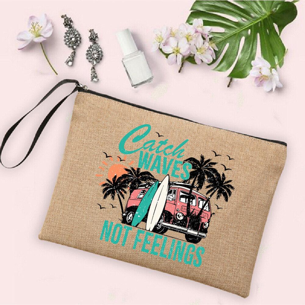 Salt Water and Sunshine Printed Linen Bag Makeup Bags Beach Holiday Sunglasses Sunscreen Storage Pouch Travel Toiletry Bag Gifts