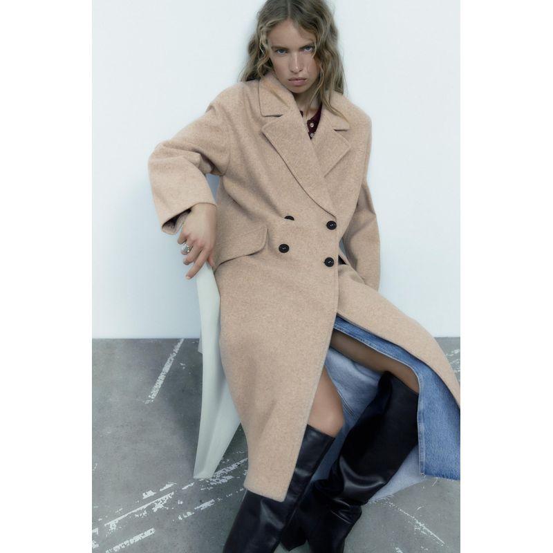 Winter New Double Breasted Loose Lapel Long sleeve Fleece Blended Neutral Wind Coat Outerwear 3046301