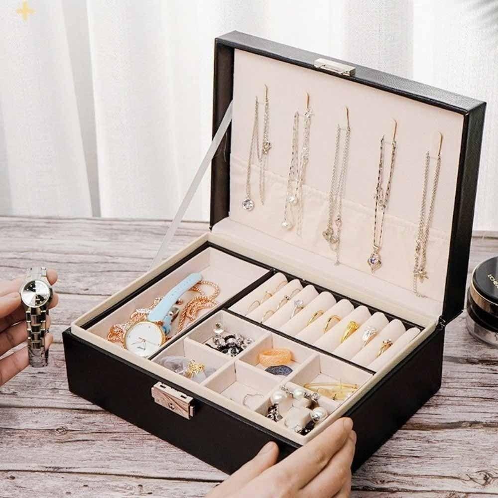 2 Layer Leather Jewelry Organizer with Lock Jewelry Display Case  for Necklace Rings Earrings