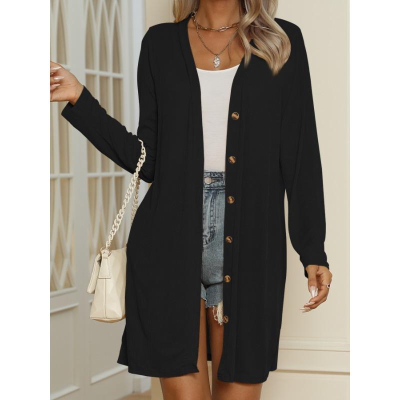 Damen Einfarbige Knopfleiste Langarm Locker Lässig Langer Cardigan