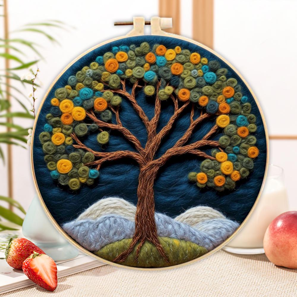 CHENISTORY Paquete de Fieltrado con Lana Árbol de la Vida Kit de Pintura de Fieltrado con Lana con Kit de Bordado Divertido DIY Aguja de Fieltro Marco de 20x20cm