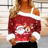 Women's Off-the-shoulder Plush Neck Printed Long-sleeved Pullover T-shirt Top