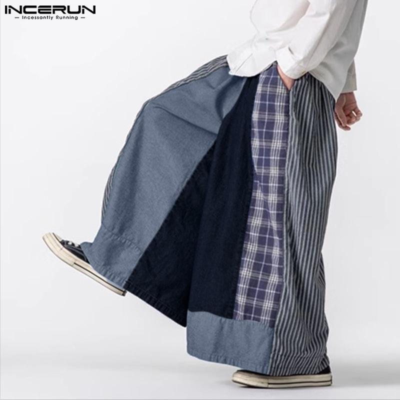 INCERUN Men Casual Elastic Waist Patchwork Plaid Long Baggy Wide Legs Pants Trousers