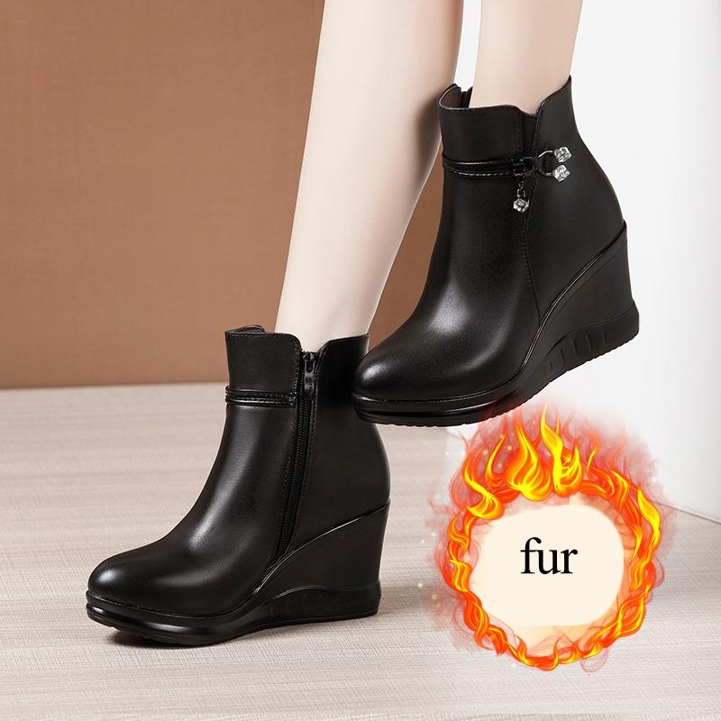 

8см Маленький размер 32-43 Черные Ботильоны на танкетке с толстой подошвой 2025 Осень Зима Высокие каблуки Ботинки из короткого меха Кожа 33