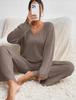2025 Autumn/Winter Hot Selling Ribbed V-Neck Long Sleeve Brushed Casual Set for Women
