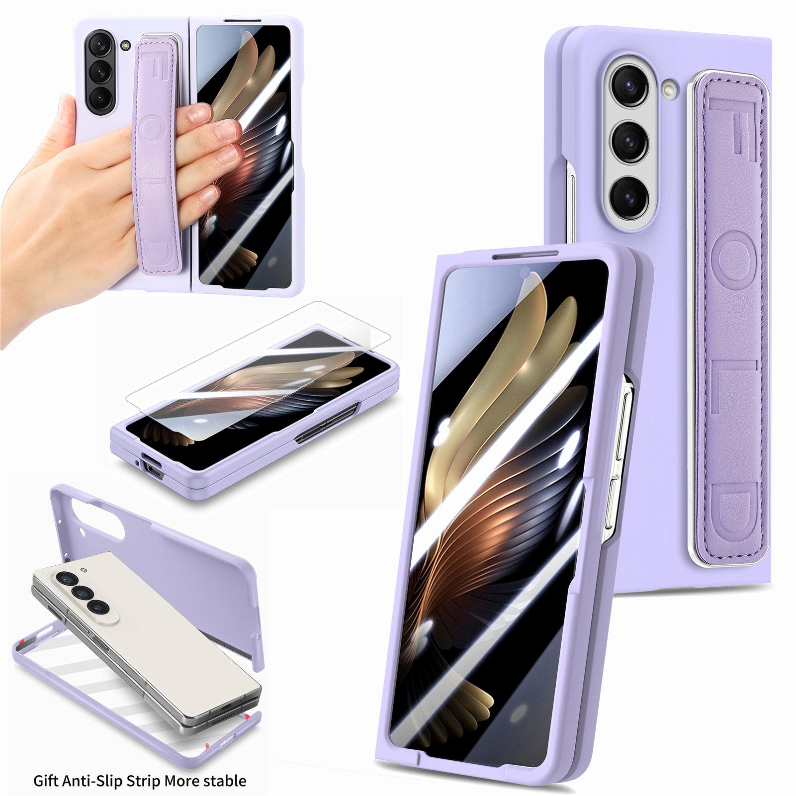 

For Samsung Galaxy Z Fold6 5G Case Anti-Drop Wristband Leather+PC Phone Cover with Screen Film Purple