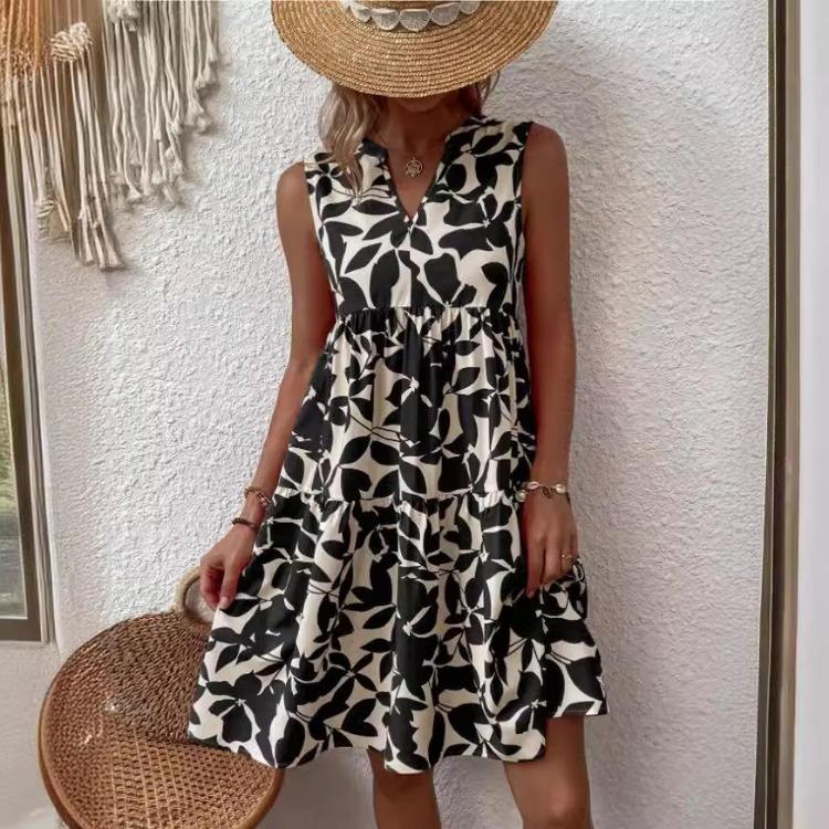 Sommermode Böhmisch Bedrucktes Plisseekleid Damen Locker V-Ausschnitt Lässig