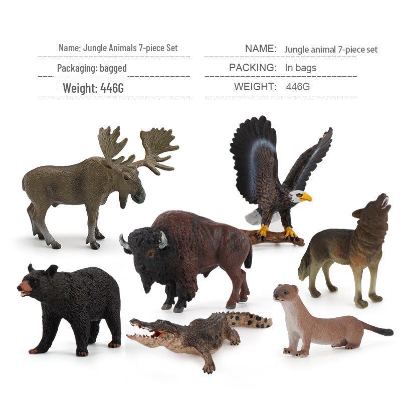 7-Piece Jungle Animal Set: Moose, Bison, Black Bear, Yangtze Alligator – Handcrafted Solid Figurines