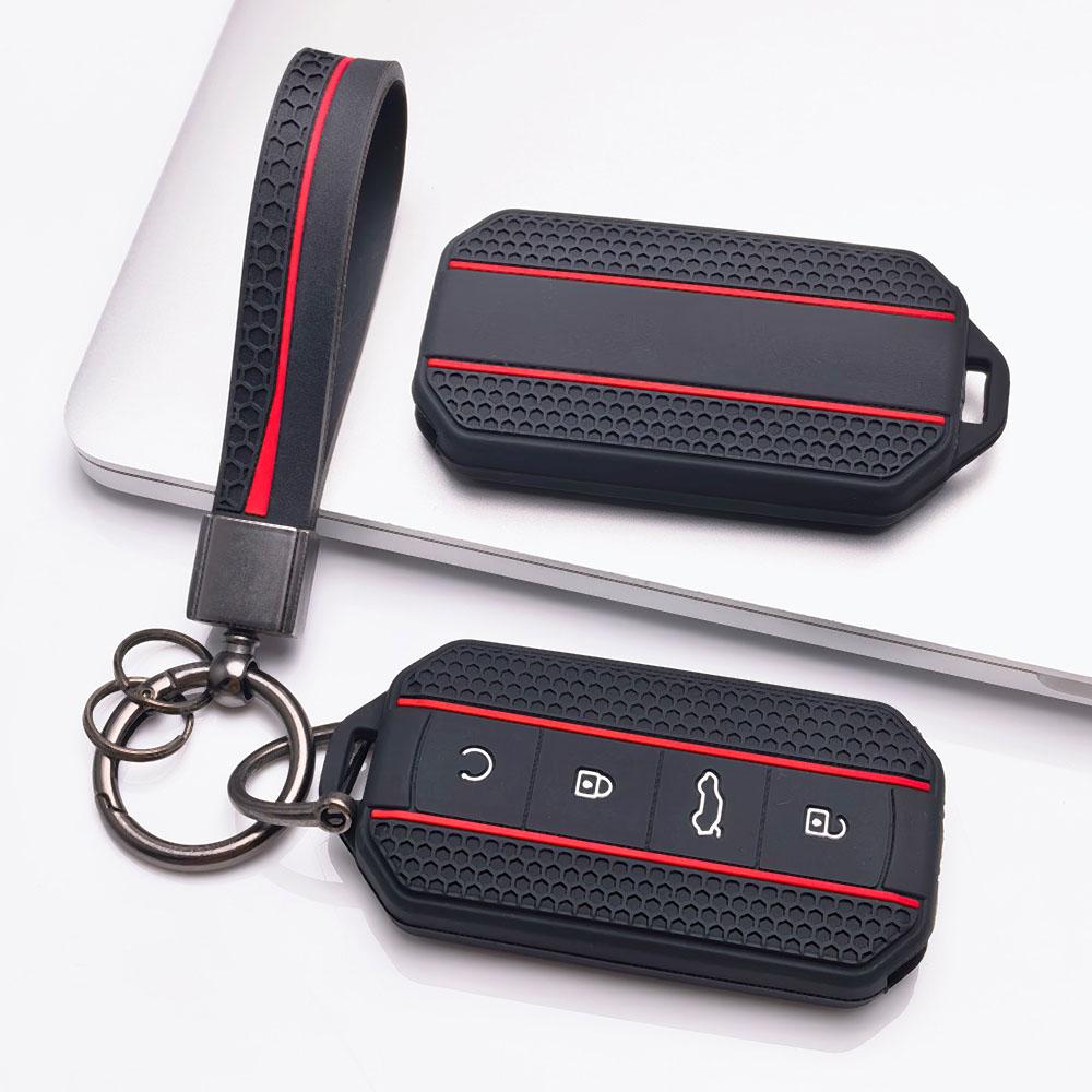4 Button Silicone Key Fob Cover with Matching Keychain for Chery Jaecoo 7 8 J7 J8 Lock Unlock Trunk Remote Start Buttons, Full Wrap Key Guard for