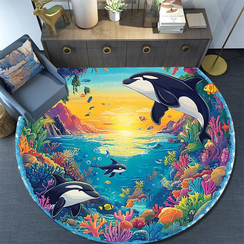 Orca Whales Round Area Rug,Carpet Rug for Living Room Bedroom Sofa Playroom Decor,Non-slip Floor Mat