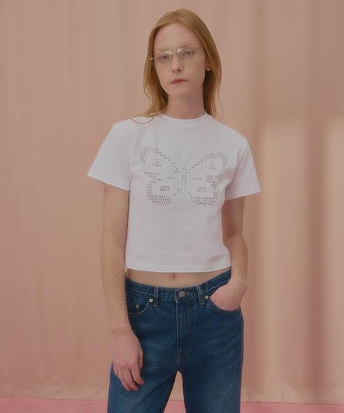 Uncover Text Butterfly Crop Short Sleeve T-Shirt White Free