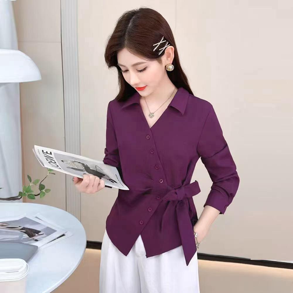 Autumn 2025 Fashion Bow Long-Sleeved Waist-Cinched Irregular Blouse