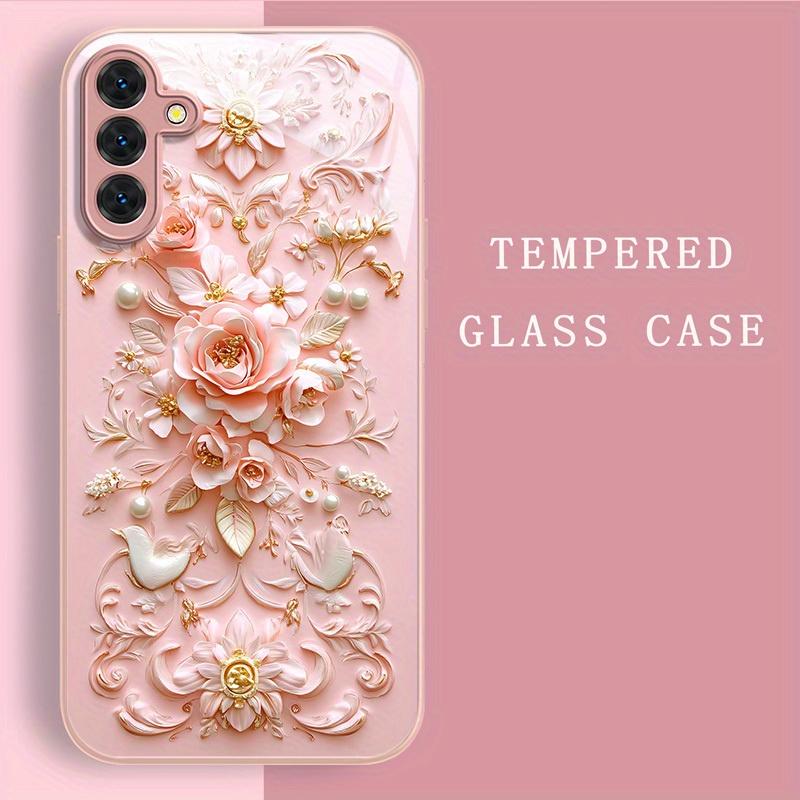Pink floral metallic paint glass phone case suitable for Samsung Galaxy S26 S25 S24 S23 S22 S21 S20 FE/Ultra/Plus anti drop