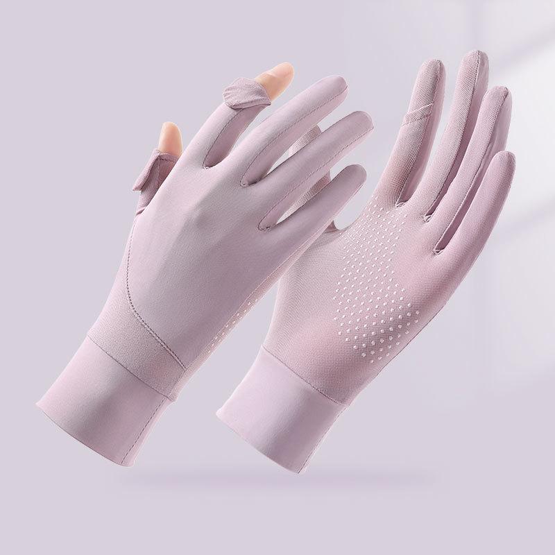 Summer ice silk gloves new splicing sunscreen UV protection cool breathable non-slip driving full finger riding gloves