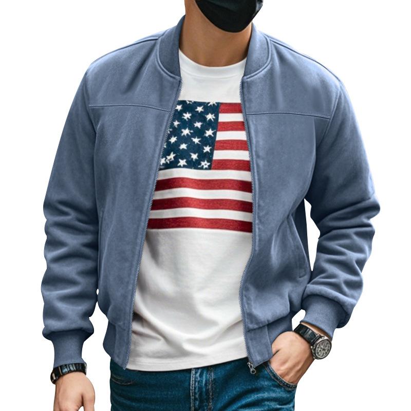 Foreign trade spring and autumn suede solid color men's zipper jacket casual retro long-sleeved cardigan jacket men