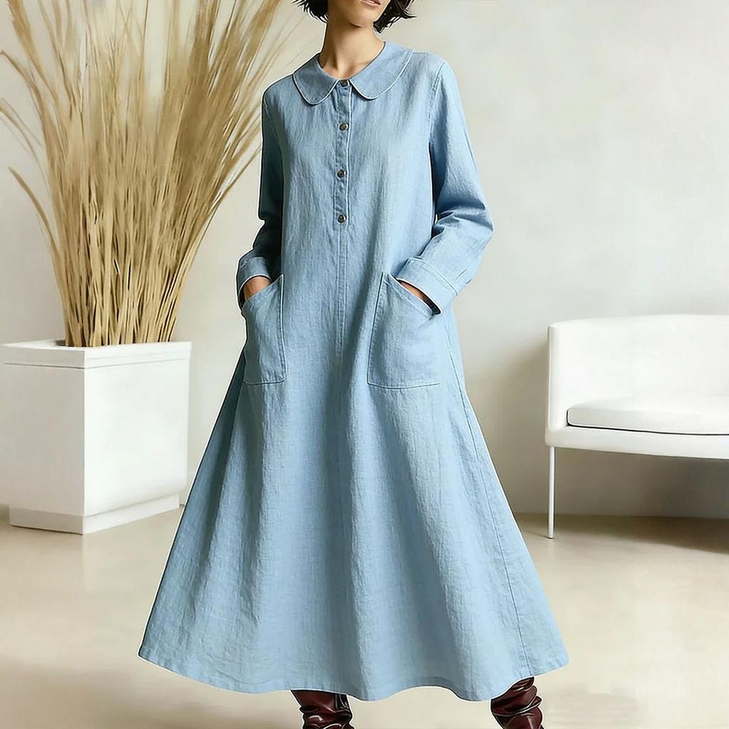 Women's -color Mid-length Loose-fitting Dress With Large Pockets And Casual