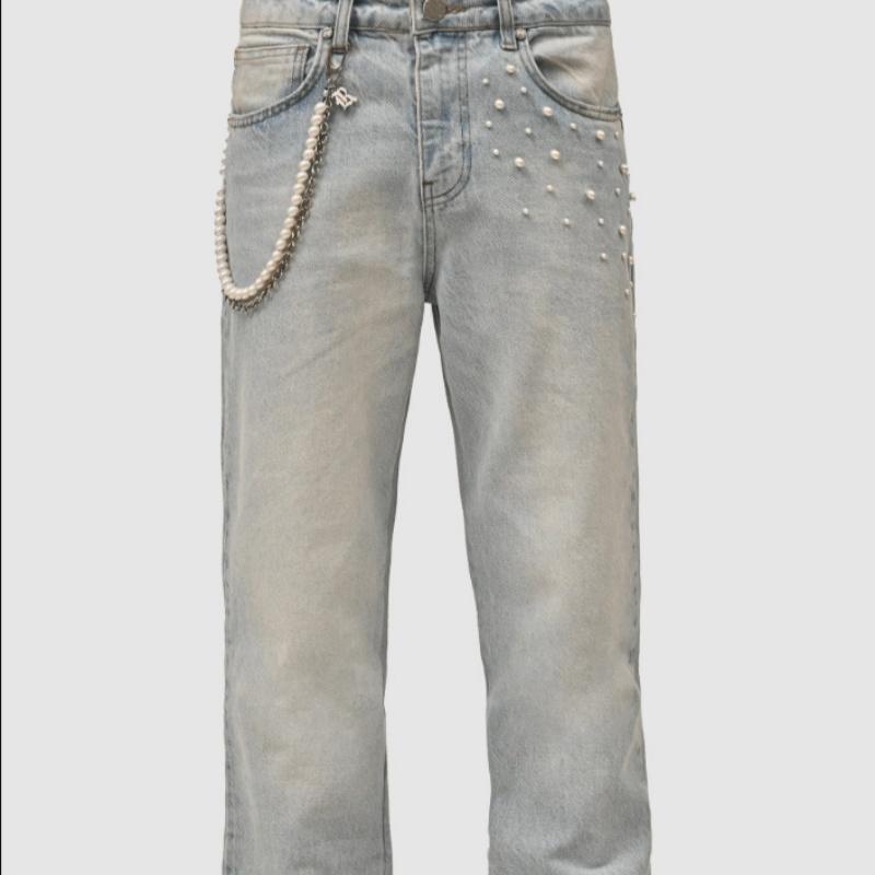 

DRIPX New American Retro Pearls Stacked Jeans Men Straight Leg Stretchy Denim Bottoms Male s New Fashion Clothes S