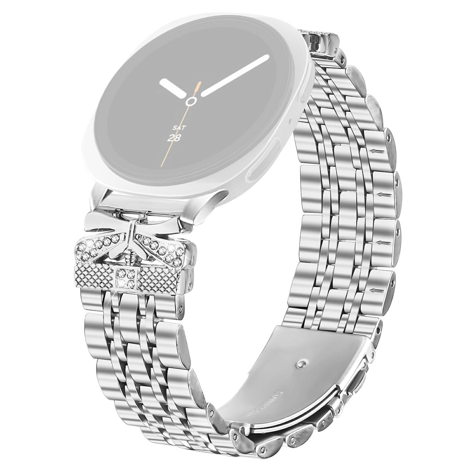 

Металлический ремешок для часов Samsung Galaxy Watch8 44мм/40мм/8 Classic 46мм с декором в виде бабочки из страз, серебристый браслет из нержавеющей стали