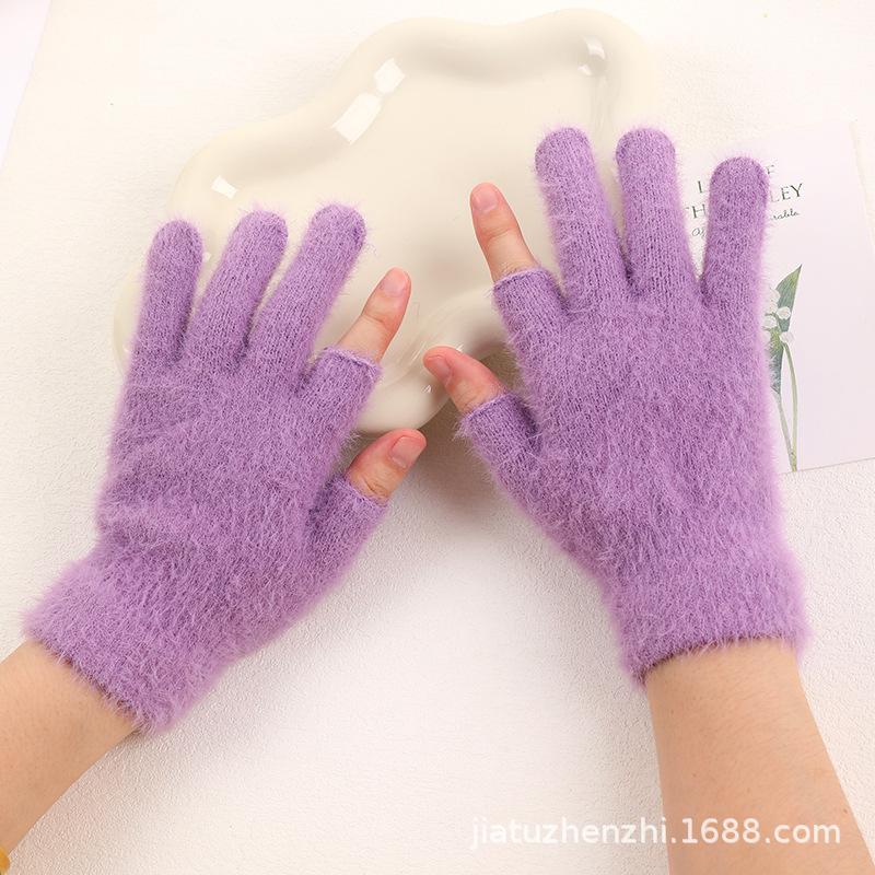 Winter Two Finger Touchscreen Rib Stitch Jacquard Plush Warm Knit Student Thick Half Finger Gloves