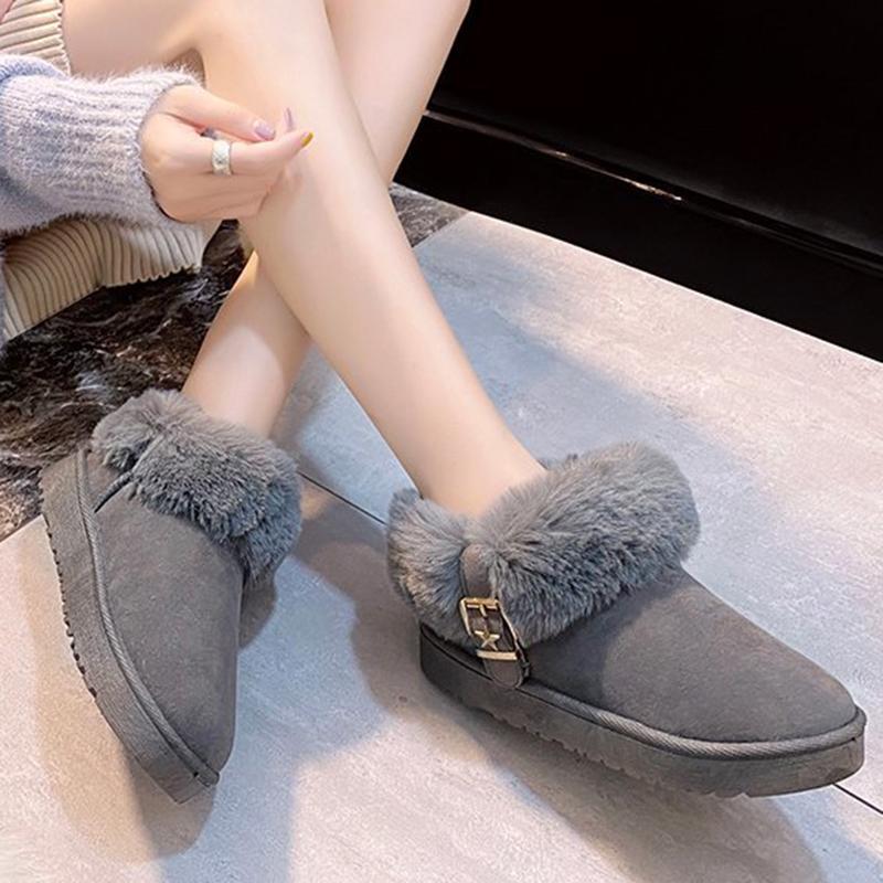 Fashion Buckle Decor Faux Fur Snow Boots Women Winter Warm Thicken Plush Ankle Boots Woman Thick Sole Anti Slip Platform Cotton Boots