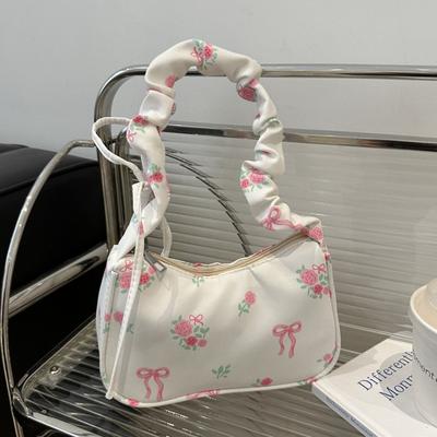 Women's Bags 2026 Summer Canvas Pleated Handbags Armpit Bag Korean Floral Bow Printed Zipper Tote Bag Female Small Shoulder Bag
