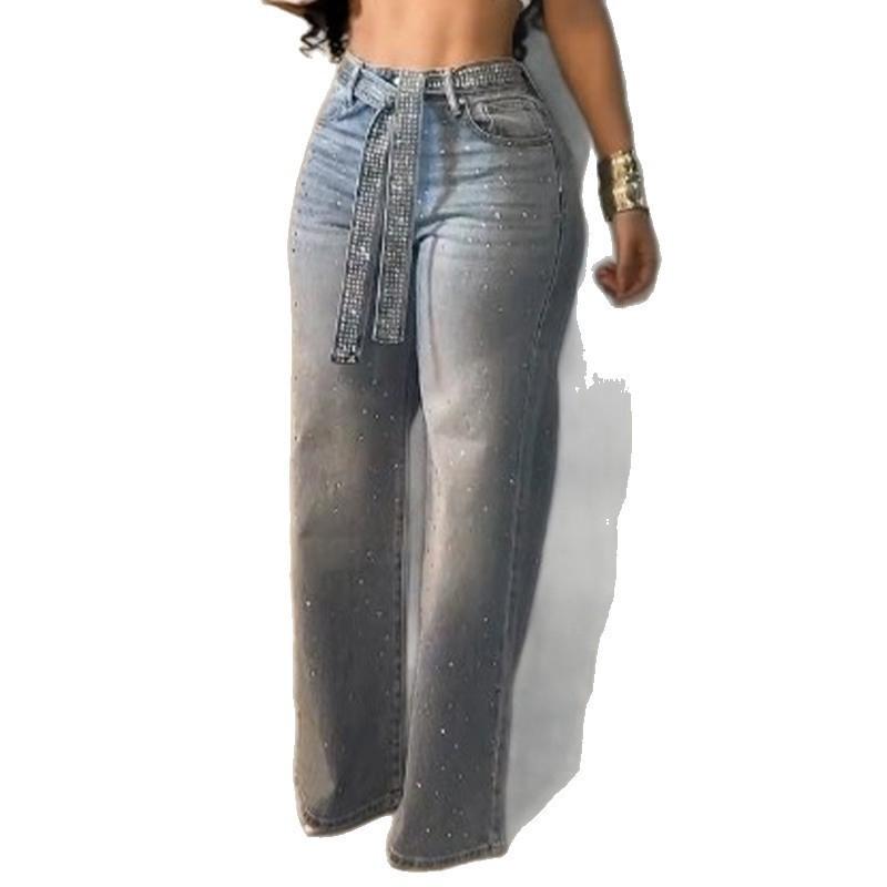 High-Waisted Wide-Leg Denim Pants With Rhinestone Embellishment Streetwear Loose Fit Straight Cut Dragging Length