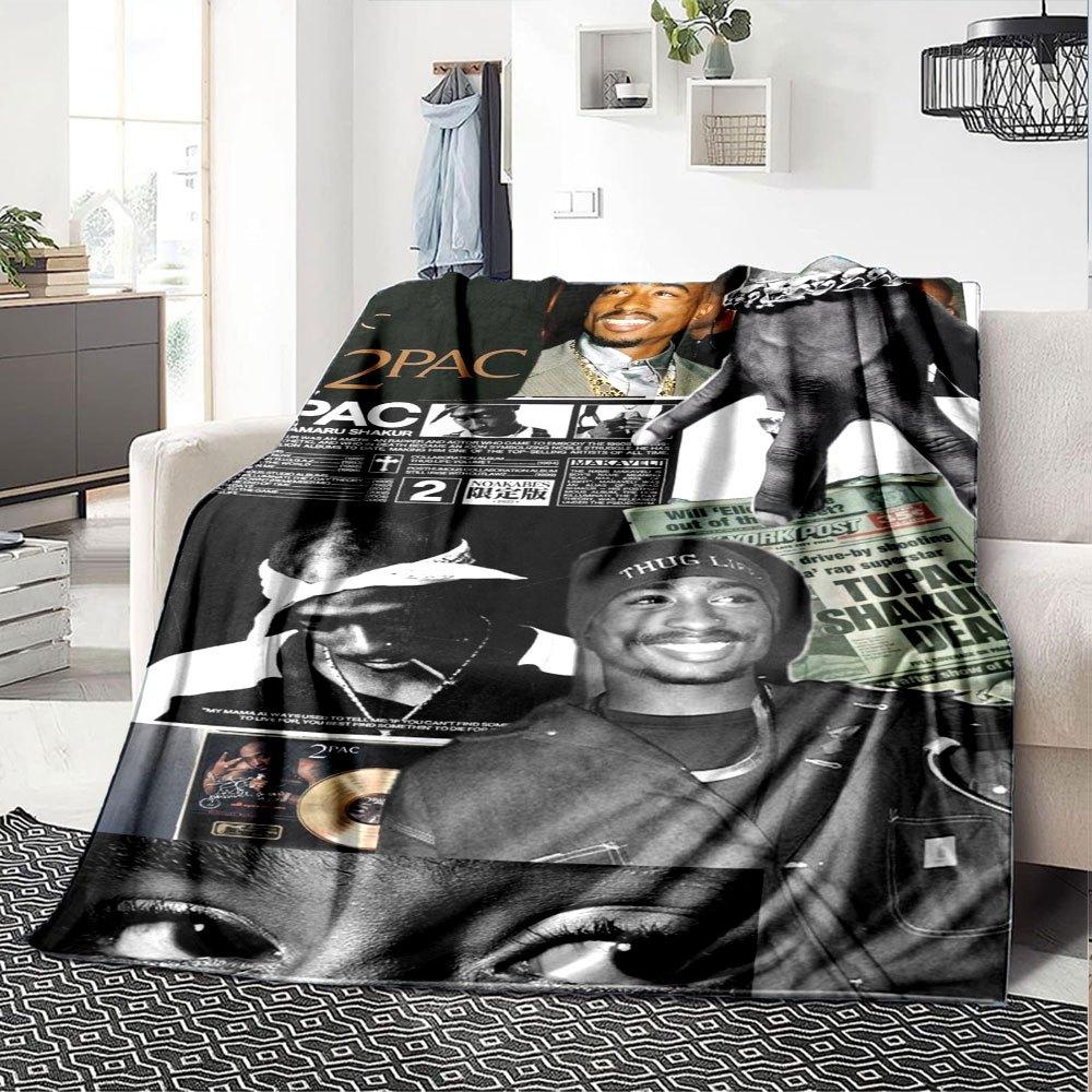 1pc 2PacHip Hop Blanket Soft Lightweight All Season Multi Purpose Throw for Sofa, Bed, Office & Picnics, French Style with Iconic Album Art & Quotes