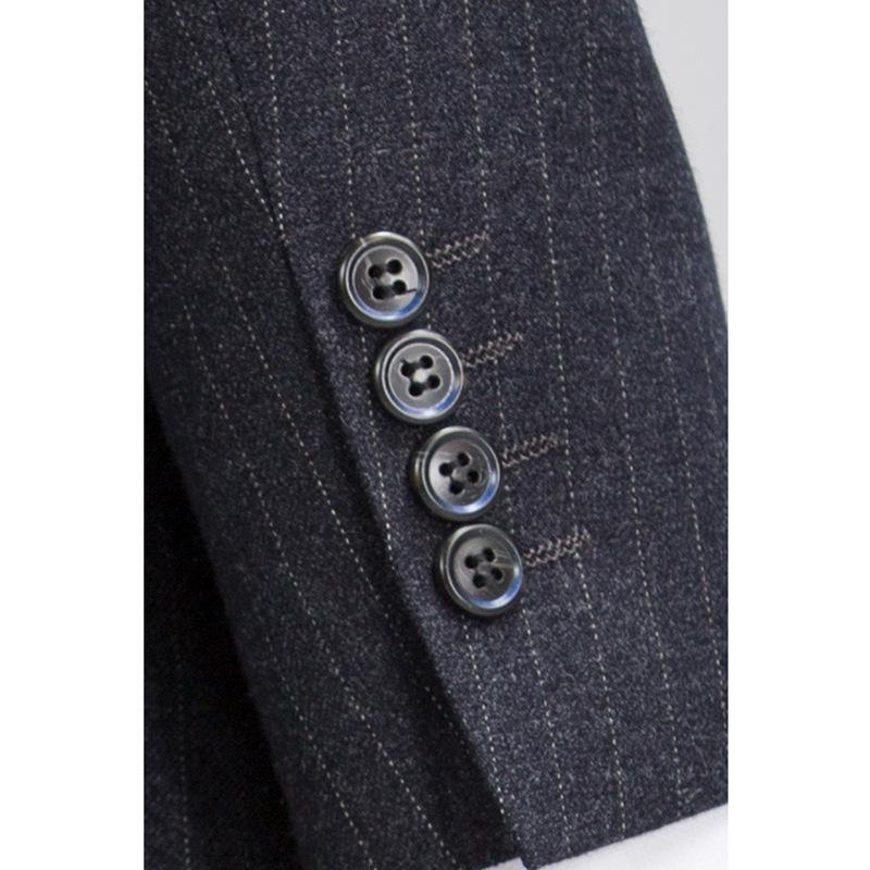 Men's Slim Fit Double-Breasted Gray Striped Suit - British Style Business Casual/Formal Tuxedo for Groom or Wedding.