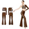Leopard Print Rhinestone One Shoulder Crop Top and Flared Pants Set for Women Latin Jazz Dance Competition Stage Show