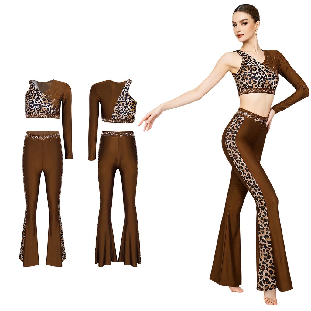 Leopard Print Rhinestone One Shoulder Crop Top and Flared Pants Set for Women Latin Jazz Dance Competition Stage Show
