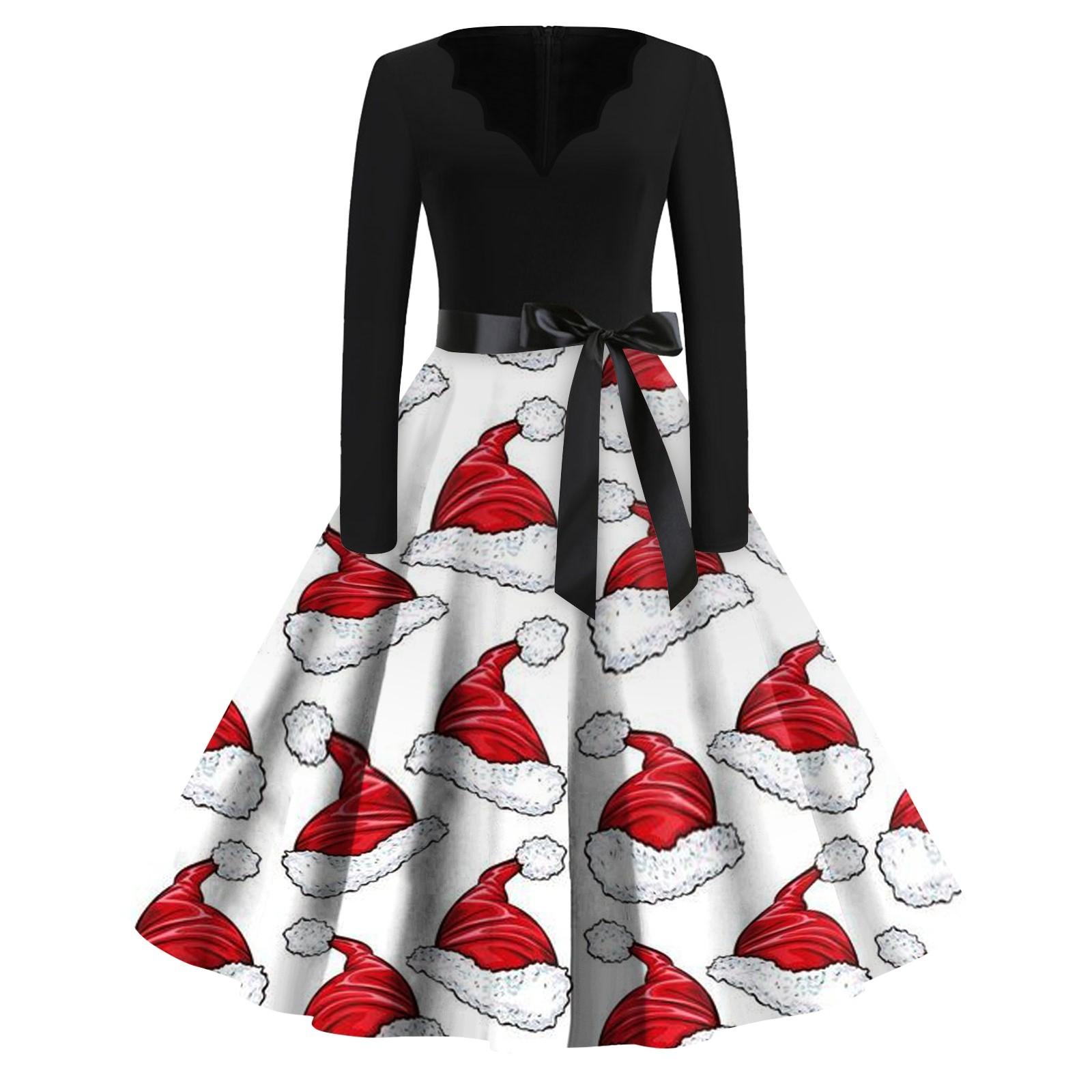 

Женское повседневное модное длинное платье с V-образным вырезом и длинным рукавом с рождественским принтом в винтажном стиле S белый