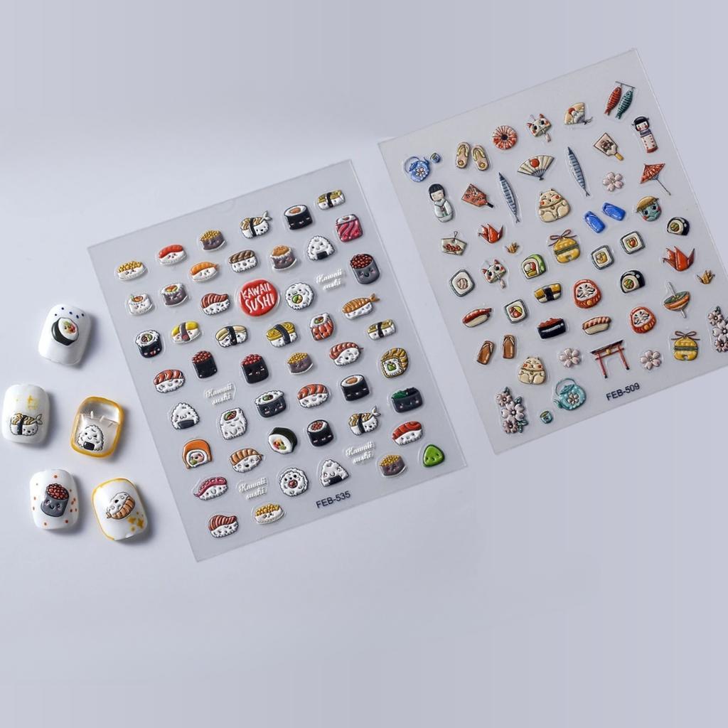 2pcs 3D Sushi Nail Stickers, Japanese Food Theme Embossed Nail Art Decals for Fake Nails & Press-On Nails