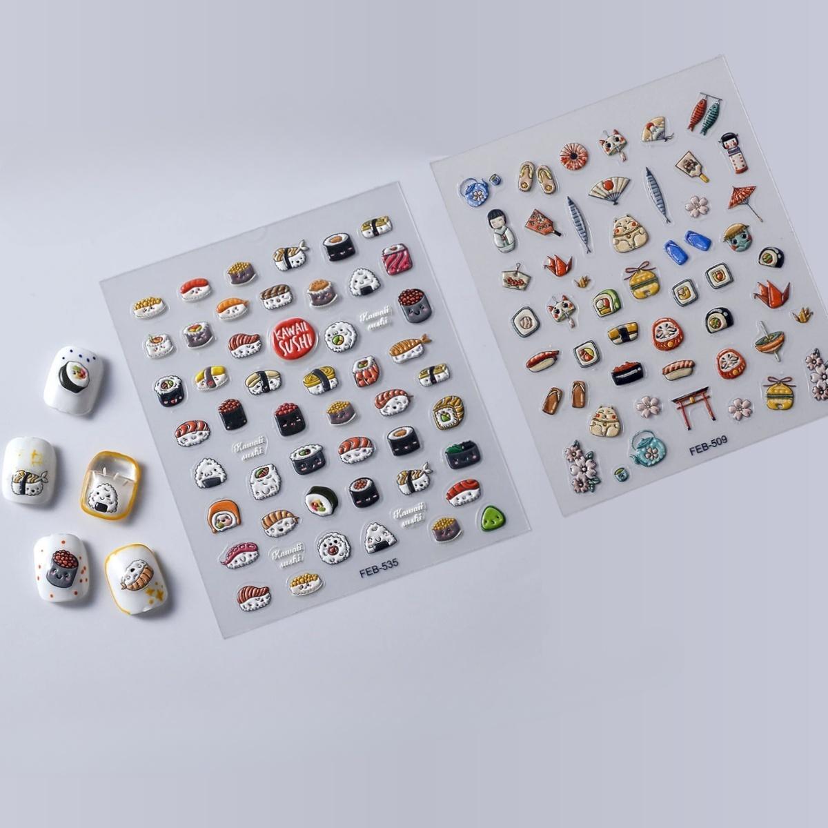 

2pcs 3D Sushi Nail Stickers, Japanese Food Theme Embossed Nail Art Decals for Fake Nails & Press-On Nails