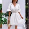 Women's summer new splicing lace fashion V-neck waist solid color dress