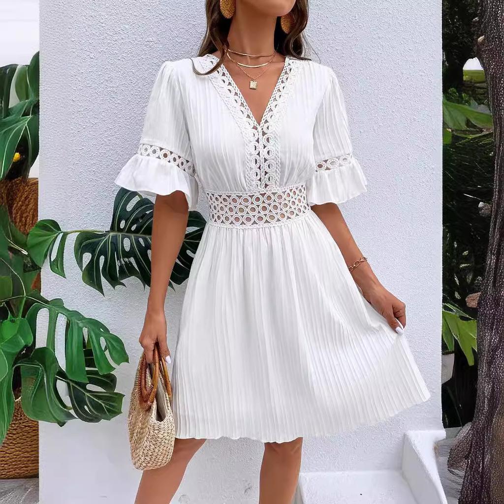 Women's summer new splicing lace fashion V-neck waist solid color dress