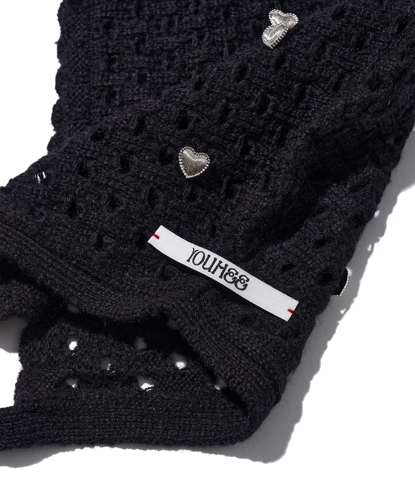 YOUHEE Heart Crochet Bonnet Hat Black