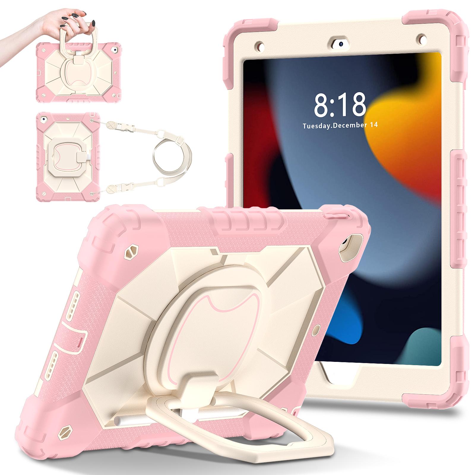 

Rotating Heavy Duty Case For iPad 10.2 2019 2020 2021 7th 8th 9th Generation Armor Stand Cover With Handle Grip Shoulder Strap iPad 10.2 2019-7th розового золота
