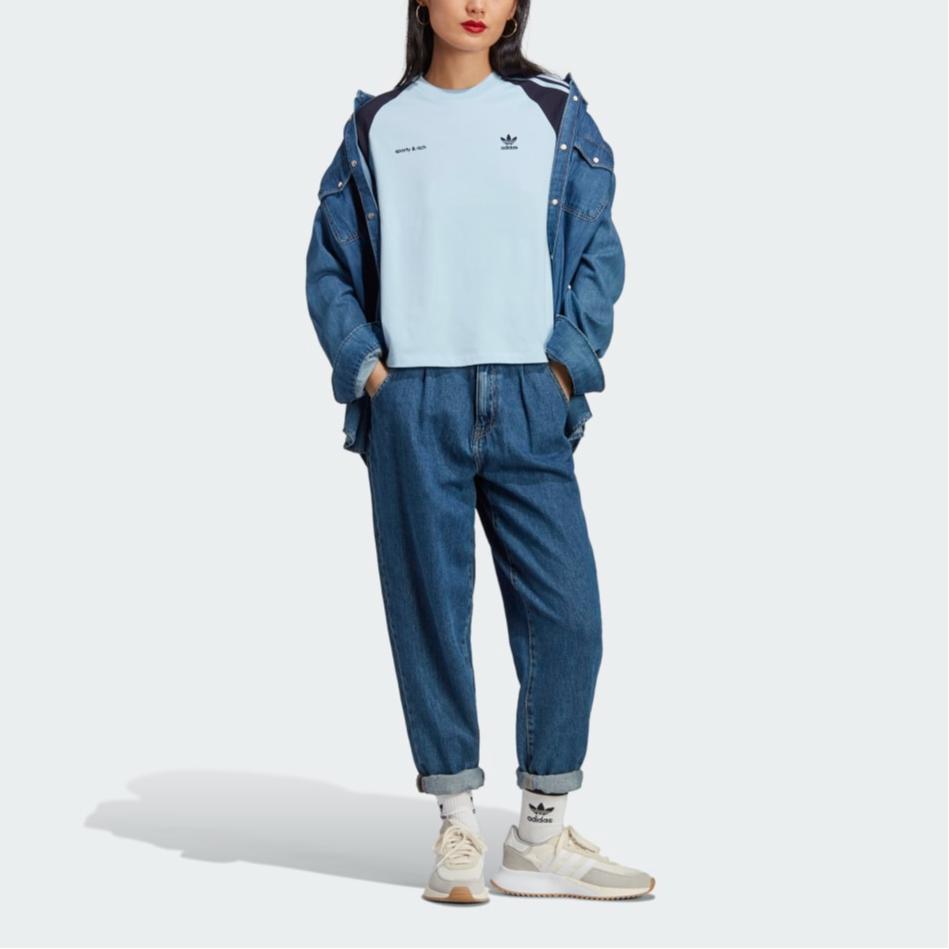 Adidas Originals X Sporty & Rich SS23 Striped Contrast Logo Print Crop Loose Casual Short Sleeve T-Shirt Women Tops Blue IN5250