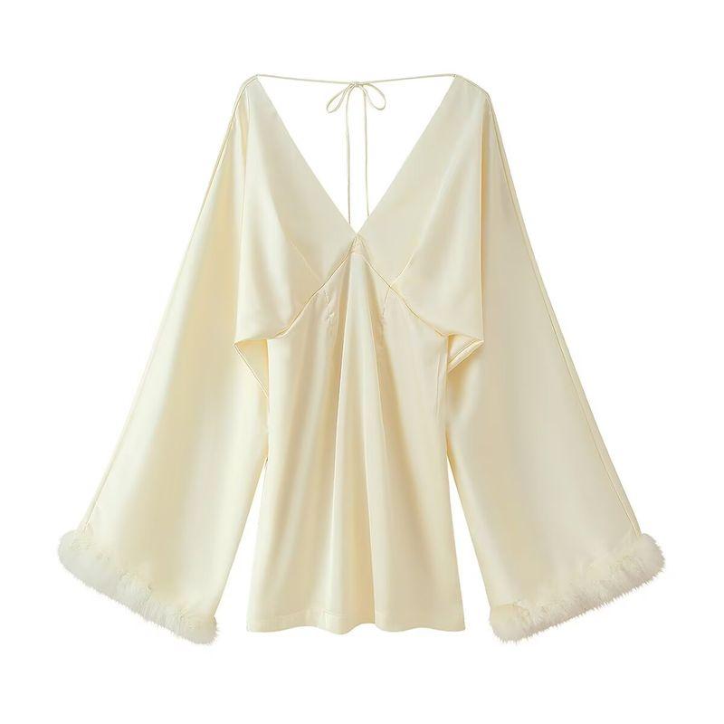 

Zbzr Spring New Women clothes Western Style Fashion Temperament Simple Loose Feather Decoration Satin V-neck Dress Beige White L